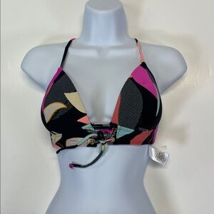 Hula Honey Lace Up Push Up Bikini Top Abstract Print Criss Cross Back M